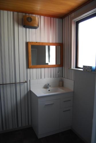 a bathroom with a sink and a mirror at Judge Rock Exclusive Vineyard Cottage Accommodation in Alexandra