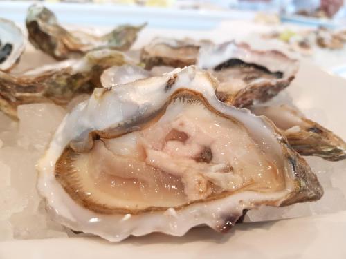 a close up of a oyster on a white plate at Hotel Bristol in Lignano Sabbiadoro