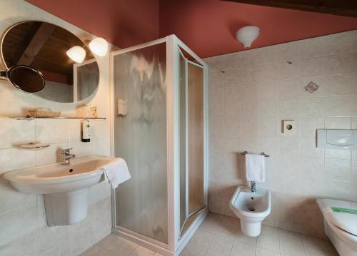 a bathroom with a shower and a sink and a toilet at Country Hotel Al Gallo in Oderzo