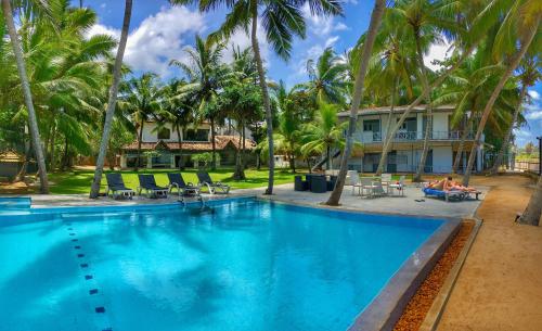 a swimming pool in front of a house with palm trees at Amor Beach Unawatuna in Unawatuna