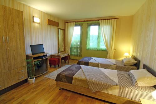 Habitación de hotel con 2 camas y TV en Hotel Asenevtsi, en Veliko Tŭrnovo