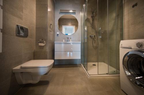W łazience znajduje się prysznic, toaleta i umywalka. w obiekcie Apartament w Piszu w Piszu