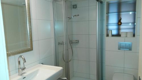 ein weißes Badezimmer mit Dusche und Waschbecken in der Unterkunft Chalet am Irfig in Kandersteg