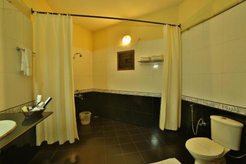 a bathroom with a shower and a toilet and a sink at Deshadan Cliff & Beach Resort,Varkala in Varkala