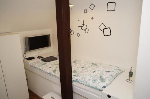 a room with a bed with a tv and a mirror at Penzion "U Nádraží" in Horšovský Týn