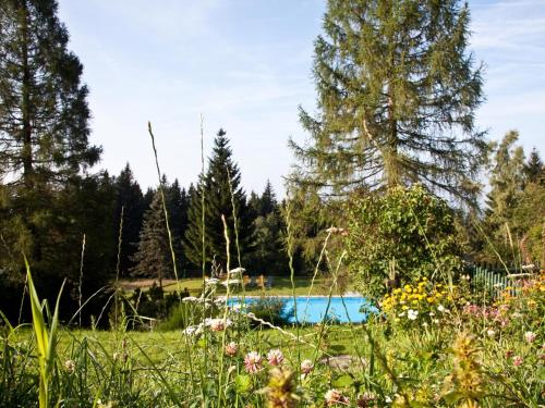 a swimming pool in a field with trees and flowers at Gasthof Waldschenke in Bad Leonfelden