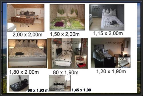 a collage of pictures of a bed with shoes on it at Ferienwohnung Schäfer in Anschau