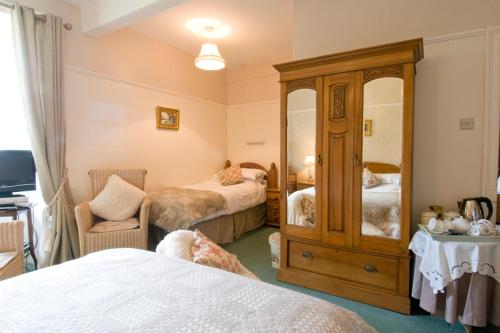 a bedroom with two beds and a dresser with a mirror at Gogarth hall Farm holidays in Pennal