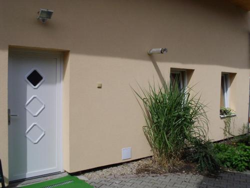 a building with a door and a plant next to it at Apartmány Pod vodárenskou věží in Poděbrady