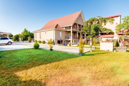 a house with a green lawn in front of it at Casa Iulia in Haţeg