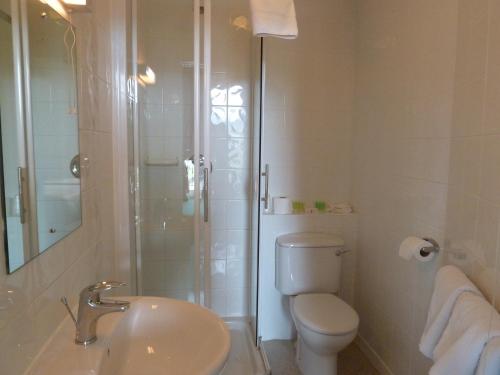 a bathroom with a shower and a toilet and a sink at Edgar Townhouse in Bath