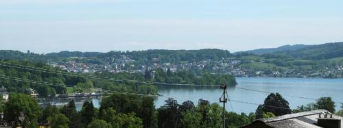 a view of a river with a town and a city at Ferienhaus in der Schlipfing mit Garten in Altmünster