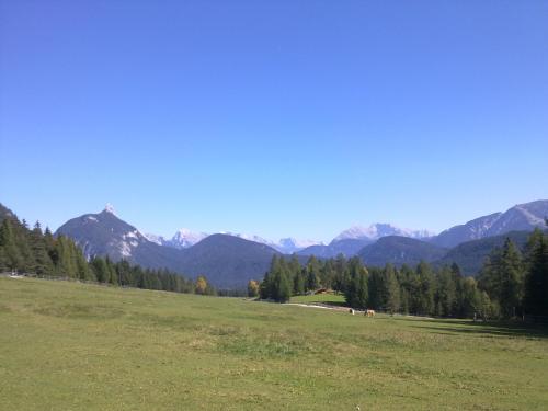 a green field with mountains in the background at Haus Sonnenweg in Leutasch