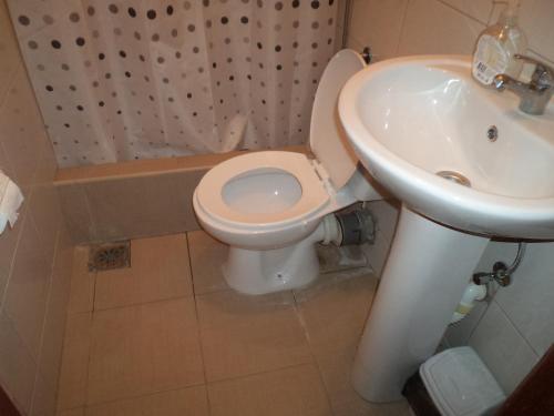 a bathroom with a toilet and a sink at Hotel Le Village in Skopje