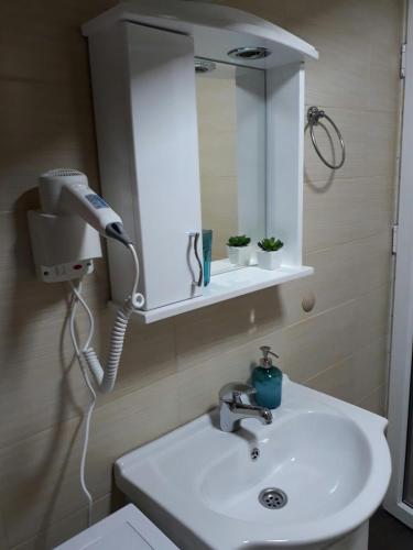 a bathroom sink with a mirror and a hair dryer at LukaDora in Pula
