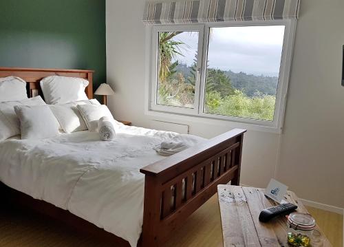 een slaapkamer met een groot bed en een raam bij Fernglen B&B in Auckland