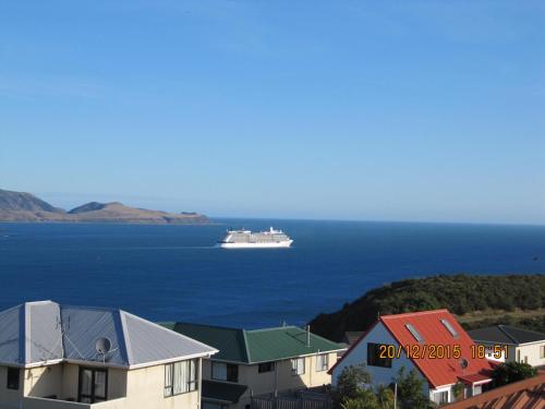 a cruise ship in the water with houses at Pacific View Bed and Breakfast in Wellington