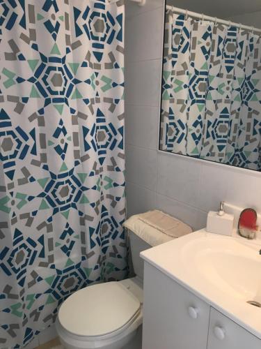 y baño con aseo y cortina de ducha. en Condominio Alto Mar, en Puchuncaví