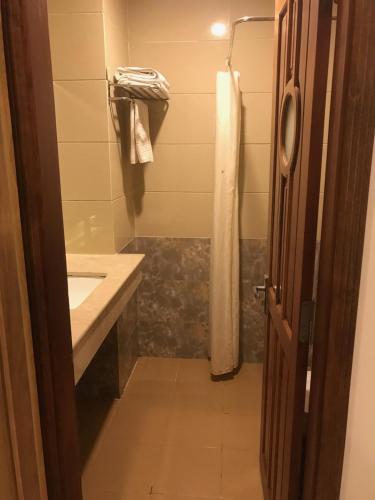 a bathroom with a shower and a sink at Elegant Hotel in Pleiku