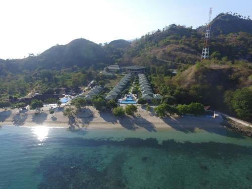 an aerial view of a resort on a beach at Sylvia Hotel & Resort Komodo in Labuan Bajo