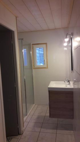 une salle de bain avec un lavabo et une douche dans l'établissement Ma Chaumiere Studio, à Saint-Pierre-dʼOléron
