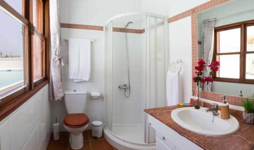 a bathroom with a shower toilet and a sink at Casa Hedera in Breña Baja