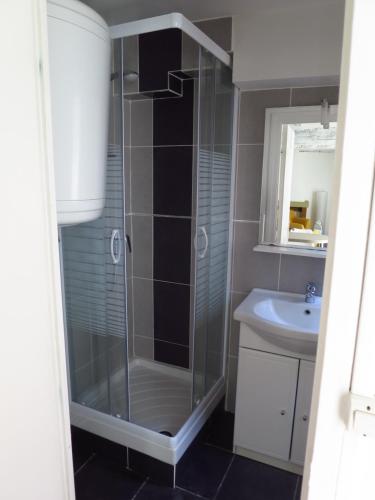 La salle de bains est pourvue d'une douche en verre et d'un lavabo. dans l'établissement Bed in Chartres, à Chartres