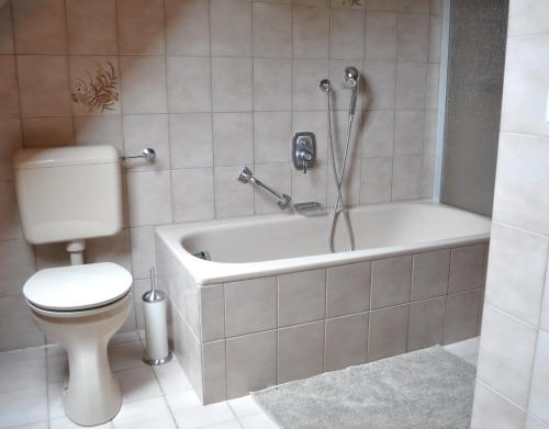 ein Badezimmer mit einem WC und einer Badewanne mit einer Dusche in der Unterkunft Ferienhaus Müller in Warmensteinach