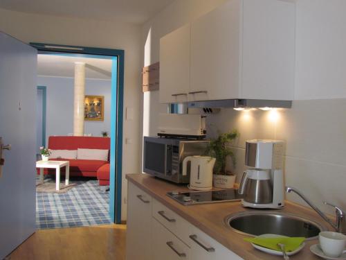 a kitchen with a sink and a microwave at AMENITY-Garden-Apartments in Munich