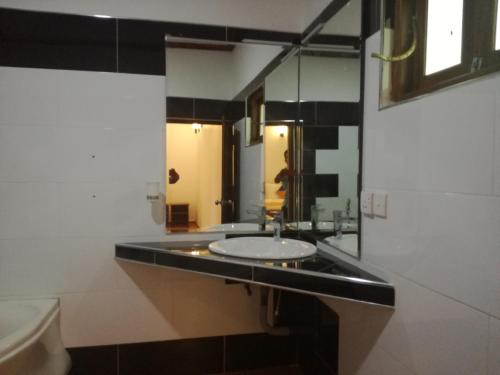 a bathroom with a sink and a toilet and a mirror at Mathews Holiday Resort in Habarana