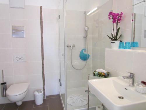 a bathroom with a shower and a toilet and a sink at AMENITY-Garden-Apartments in Munich