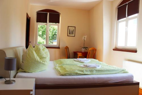 uma cama num quarto com duas janelas em Ferienhaus Mühlberg em Radebeul