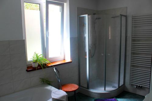 een badkamer met een douche en een bad bij Ferienhaus Mühlberg in Radebeul