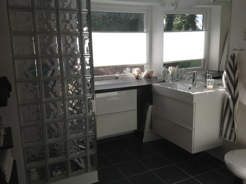 ein Badezimmer mit einem Waschbecken und einer Theke mit einem Fenster in der Unterkunft Lundgaarde Bed & Breakfast in Kjellerup