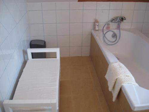 a bathroom with a tub and a sink and a towel at Koko Apartman in Tihany