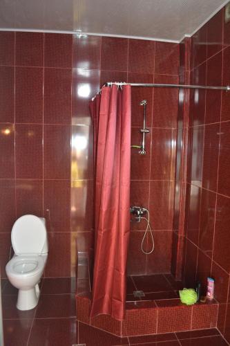 a bathroom with a red shower curtain and a toilet at Shalva Apartment in Chakvi