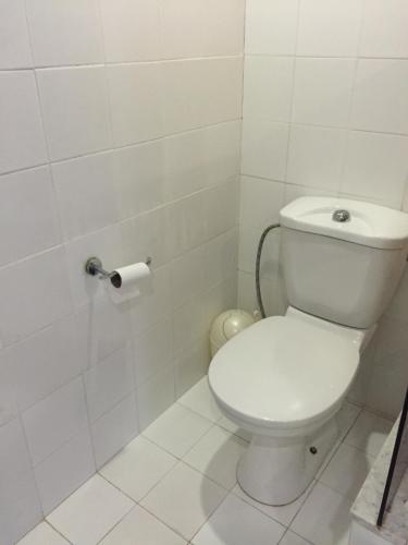 a white bathroom with a toilet and a roll of toilet paper at Raphael Apartments in Herzelia 