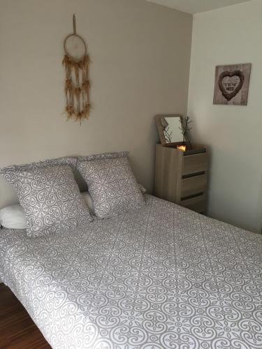 um quarto com uma cama com almofadas e uma cómoda em Nano House em Bègles