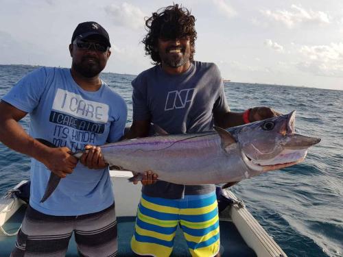 two men on a boat holding a large fish at Annama Lodge and Dive in Hoarafushi