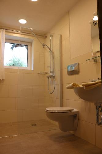 a bathroom with a shower and a toilet and a sink at Apart Brigitta in Sankt Leonhard im Pitztal