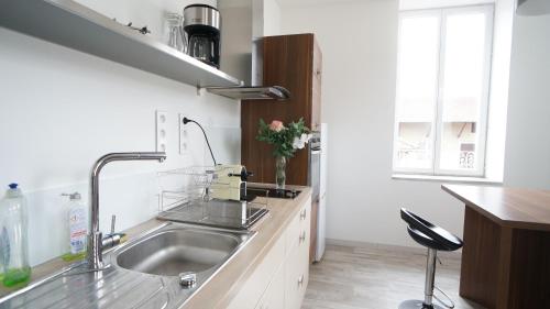 una cocina con fregadero y encimera en Le Corton de Beaune, appartement classé 3 étoiles, en Beaune
