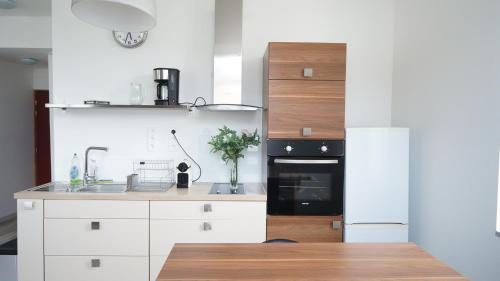 une cuisine avec un évier et une cuisinière four supérieur dans l'établissement Le Corton de Beaune, appartement classé 3 étoiles, à Beaune