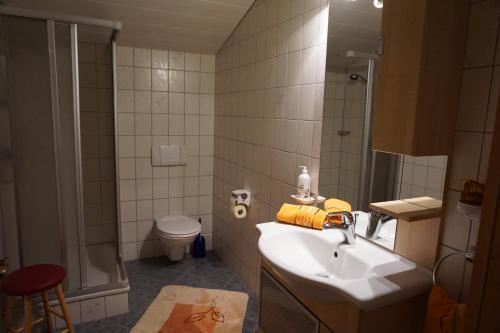a bathroom with a sink and a shower and a toilet at Haus Troger in Milders