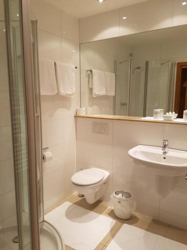 a bathroom with a toilet and a sink and a shower at Hotel Garni Keiml in Nuremberg