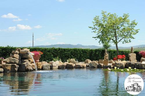 a garden with a pond with rocks and flowers at Agriturismo Castello La Grancia di Spedaletto in Pienza