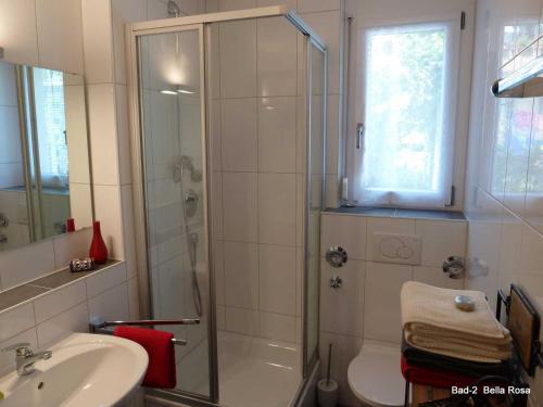 y baño con ducha y lavamanos. en Ferienwohnung Bella Rosa, en Freiburg im Breisgau