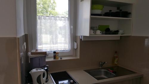 małą kuchnię ze zlewem i oknem w obiekcie Apartman Nóra w mieście Bük