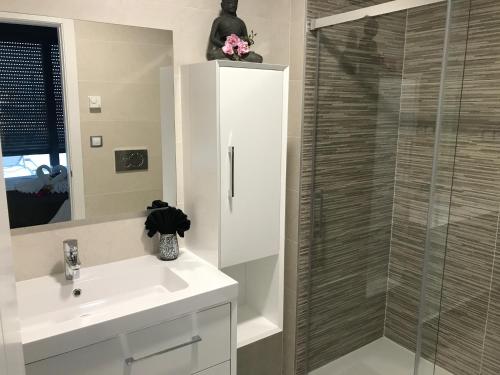 a bathroom with a sink and a glass shower at Nova Beach Paradise Apartment in Gran Alacant