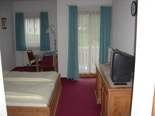 ein Hotelzimmer mit einem Bett und einem TV in der Unterkunft Komforthotel Ahornhof in Lindberg