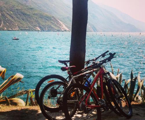 two bikes parked next to a pole next to the water at Agritur Maso Spezial in Villa Lagarina